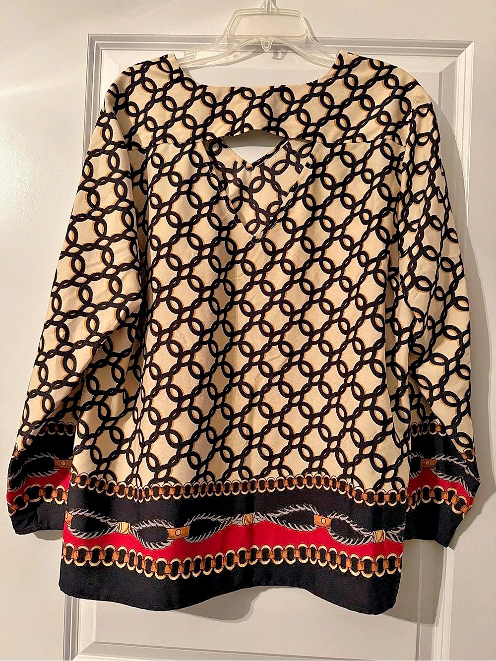 Chico's Printed Long Sleeve Blouse in Black & Cream Size XL Like New